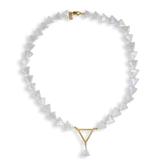 White Triangle & 9ct Gold Tri Pearl Necklace